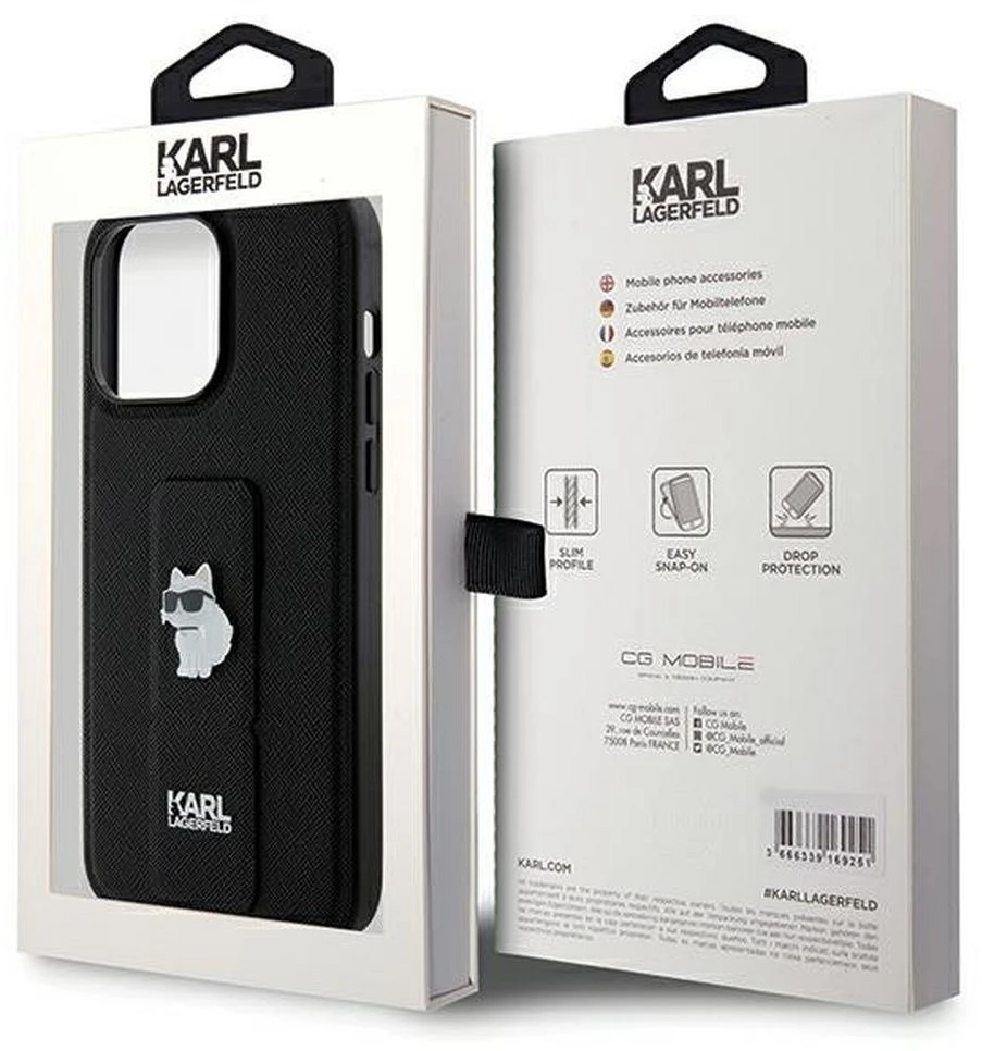 Karl Lagerfeld KLHCP13XGSACHPK iPhone 13 Pro Max 6.7″ juodos spalvos kietas dėklas Gripstand Saffiano Choupette