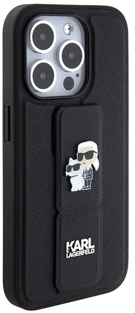 Karl Lagerfeld KLHCP14LGSAKCPK iPhone 14 Pro 6.1″ juodos spalvos kietas dėklas Gripstand Saffiano Karl&Choup