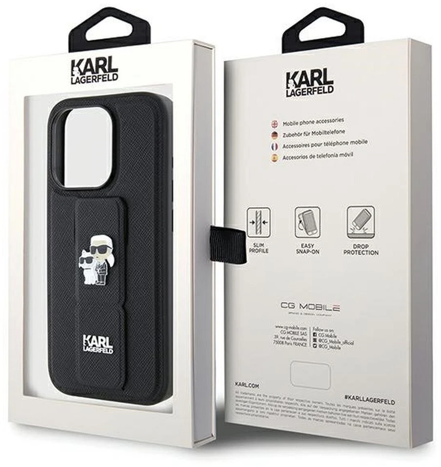 Karl Lagerfeld KLHCP14LGSAKCPK iPhone 14 Pro 6.1″ juodos spalvos kietas dėklas Gripstand Saffiano Karl&Choup
