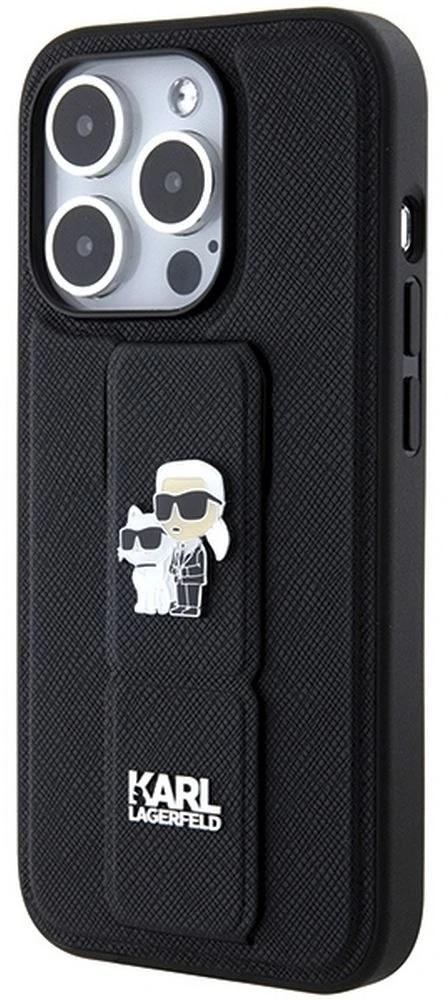 Karl Lagerfeld KLHCP14LGSAKCPK iPhone 14 Pro 6.1″ juodos spalvos kietas dėklas Gripstand Saffiano Karl&Choup