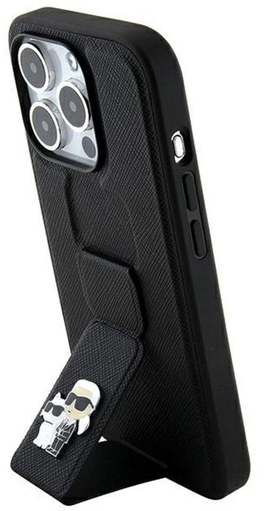 Karl Lagerfeld KLHCP14LGSAKCPK iPhone 14 Pro 6.1″ juodos spalvos kietas dėklas Gripstand Saffiano Karl&Choup