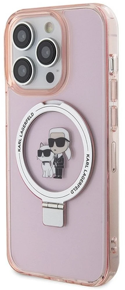 Karl Lagerfeld KLHMP15LHMRSKCP iPhone 15 Pro 6.1″ rožinės spalvos kietas dėklas su žiediniu stovu Karl&Choupette Mag
