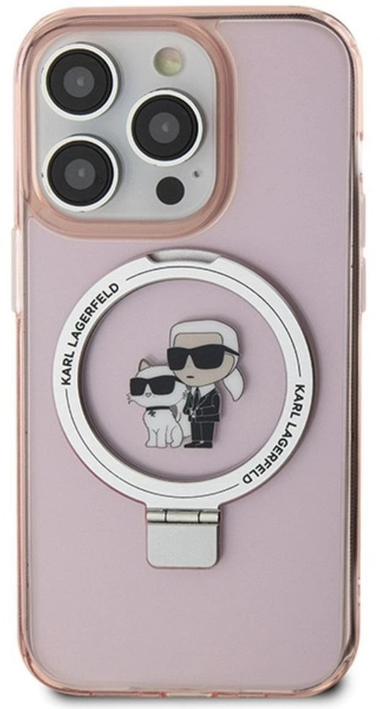 Karl Lagerfeld KLHMP15LHMRSKCP iPhone 15 Pro 6.1″ rožinės spalvos kietas dėklas su žiediniu stovu Karl&Choupette Mag