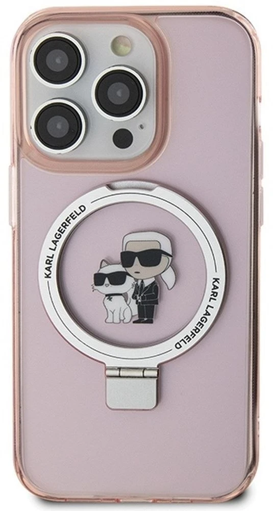 Karl Lagerfeld KLHMP15XHMRSKCP iPhone 15 Pro Max 6.7″ rožinės spalvos kietas dėklas su žiediniu stovu Karl&Choupettte
