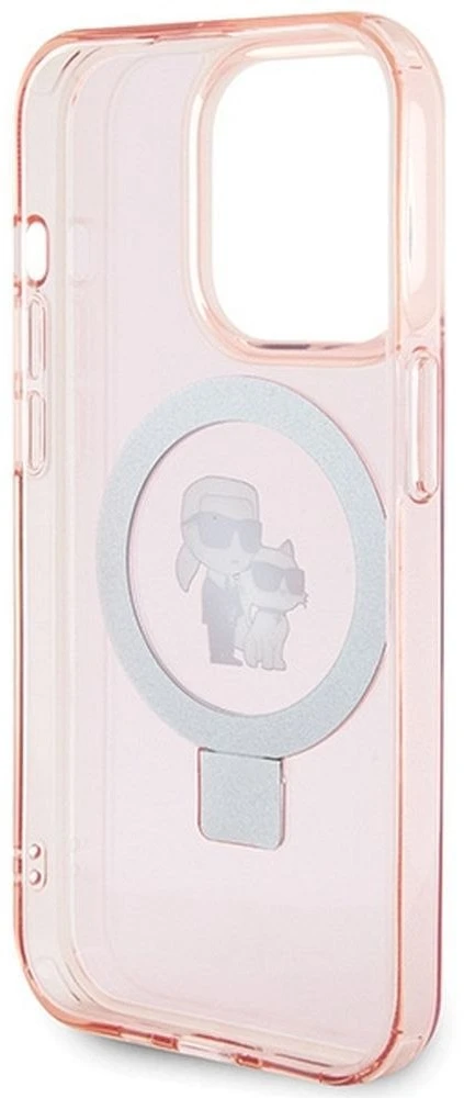 Karl Lagerfeld KLHMP15LHMRSKCP iPhone 15 Pro 6.1″ rožinės spalvos kietas dėklas su žiediniu stovu Karl&Choupette Mag