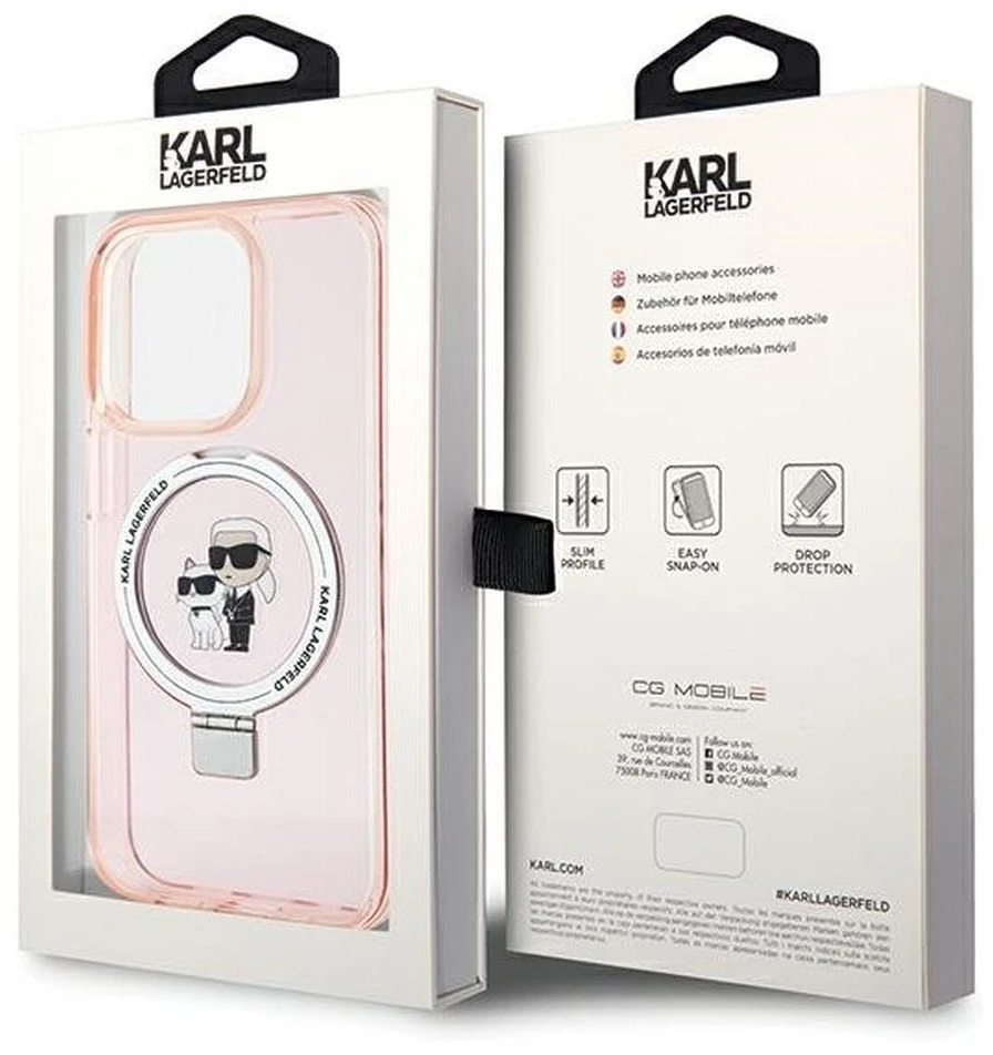 Karl Lagerfeld KLHMP15XHMRSKCP iPhone 15 Pro Max 6.7″ rožinės spalvos kietas dėklas su žiediniu stovu Karl&Choupettte