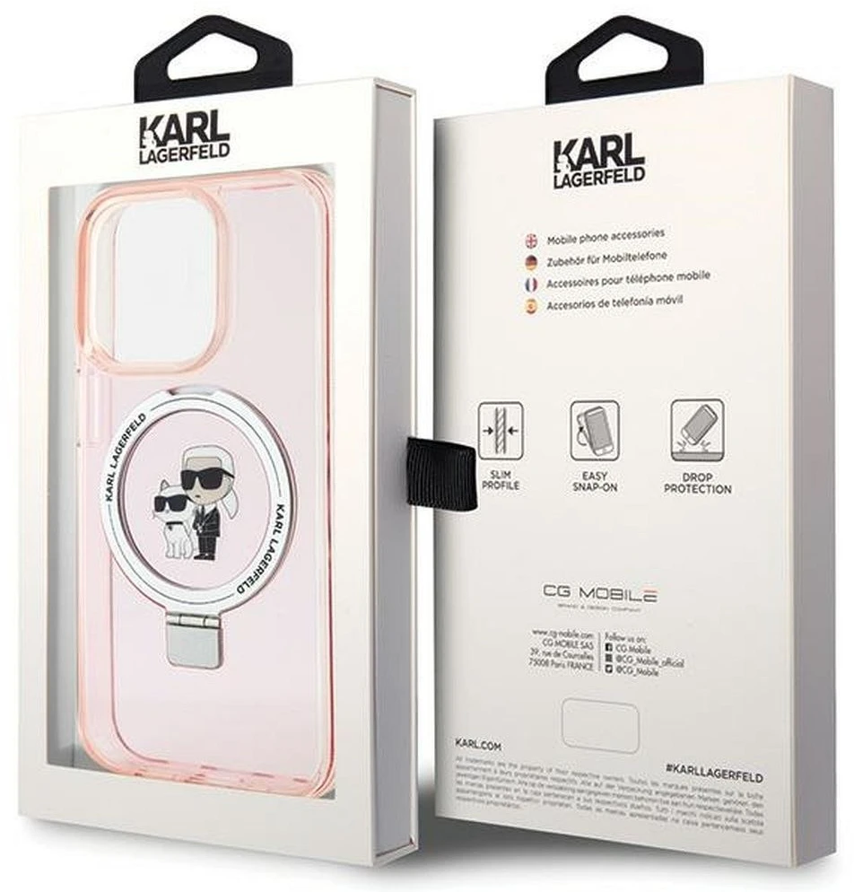 Karl Lagerfeld KLHMP15LHMRSKCP iPhone 15 Pro 6.1″ rožinės spalvos kietas dėklas su žiediniu stovu Karl&Choupette Mag