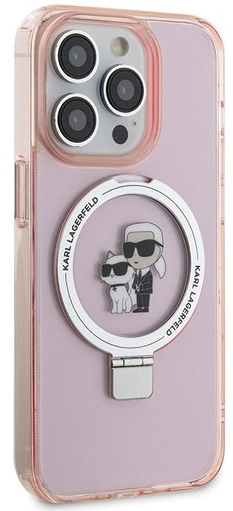 Karl Lagerfeld KLHMP15XHMRSKCP iPhone 15 Pro Max 6.7″ rožinės spalvos kietas dėklas su žiediniu stovu Karl&Choupettte
