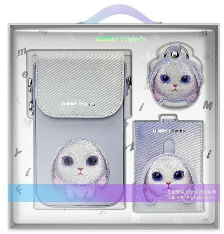 Nimmy 3in1 rinkinys telefono krepšys + piniginė + dėklas lokatoriui, violetinis, Big Eyed Pet 2.0 Rabbit