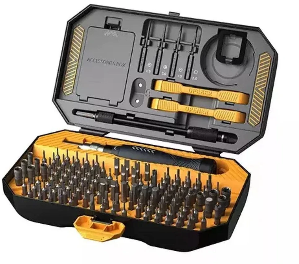 JAKEMY JM-8183 precizinio atsuktuvo rinkinys su atidarymo įrankiais ir replėmis (145 viename)