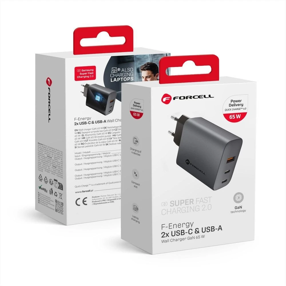 Įkroviklis Forcell F-Energy (2xUSB-C;1xUSB 4A 65W) juodas