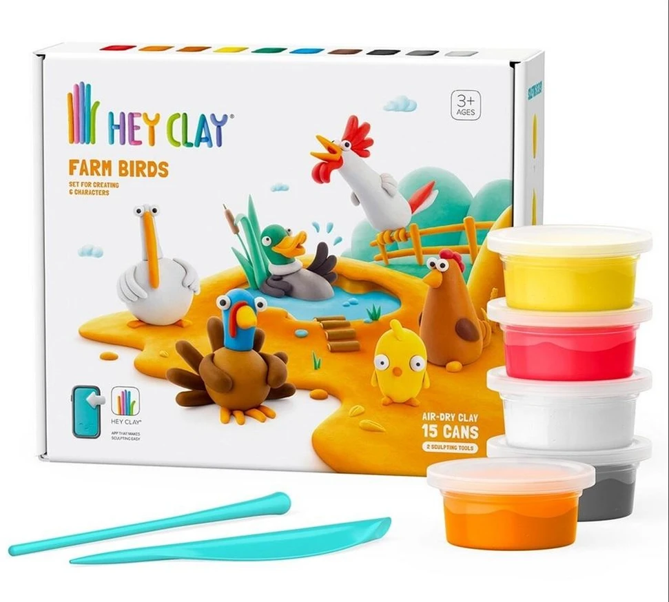 TM Toys Rankdarbių rinkinys Hey Clay paukščiai iš ūkio 15 vnt