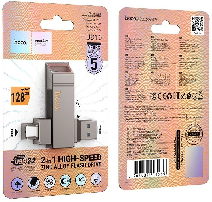 HOCO atmintukas USB A + USB C UD15 128GB USB3.2