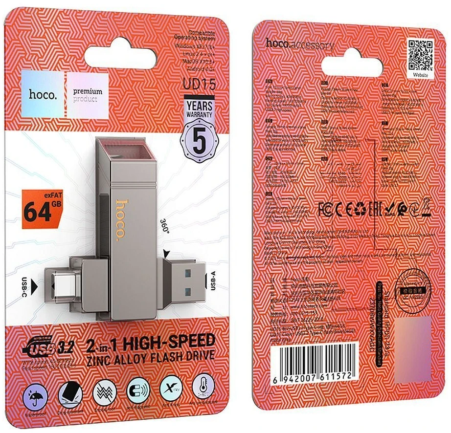 HOCO atmintis USB A + USB C UD15 64GB USB3.2