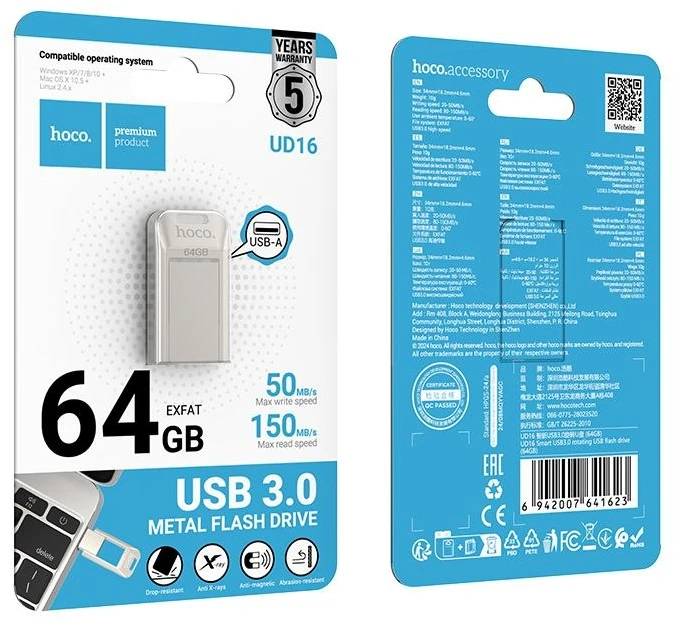 HOCO atmintis USB A + USB C UD16 64GB USB3.0