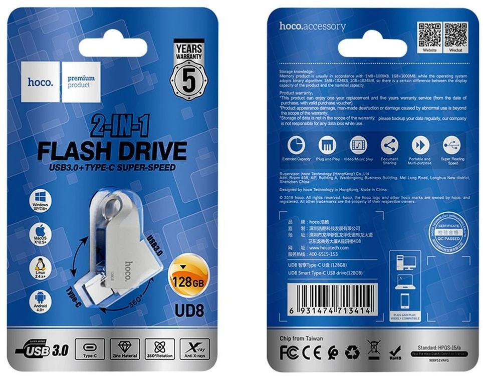 HOCO atmintukas USB A + USB C UD8 128GB USB3.0