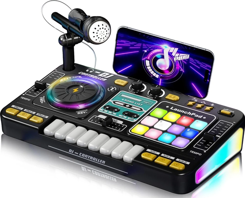 Vaikiška DJ konsolė su mikrofonu ir LED apšvietimu