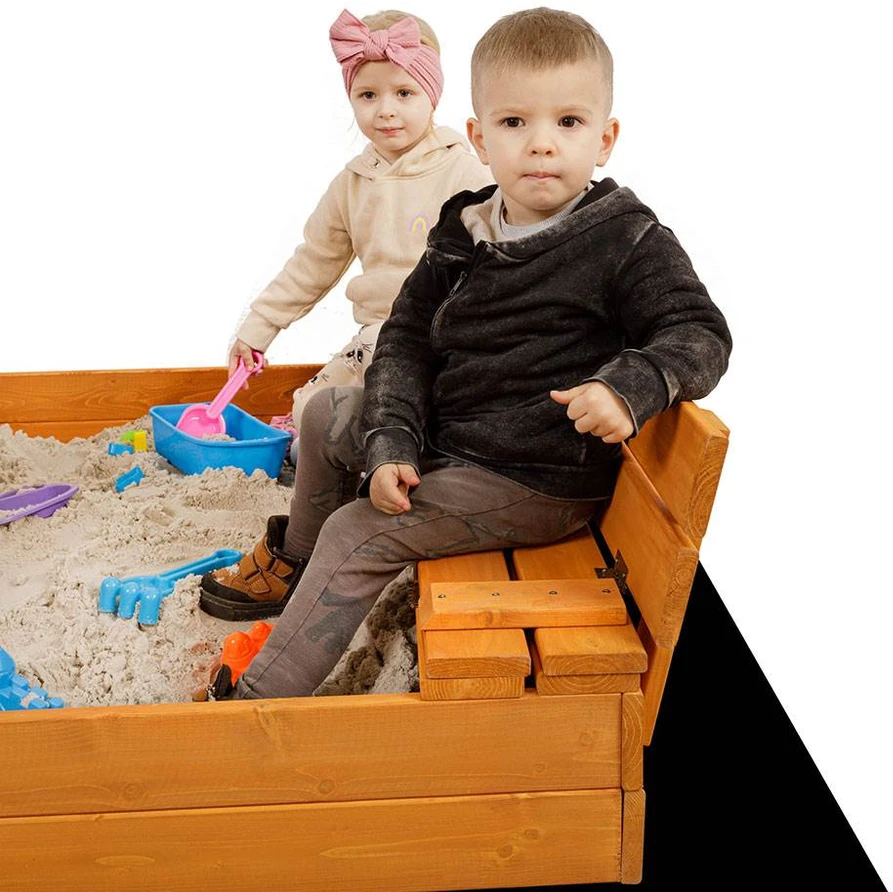 Vaikiška medinė smėlio dėžė su uždengimu ir suolais Baby Mix 120x120 cm