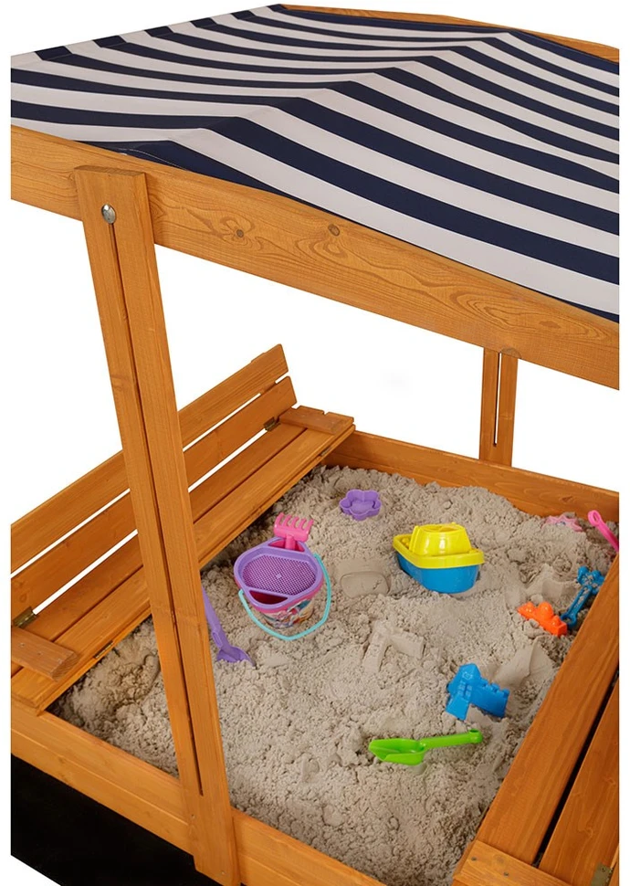 Vaikiška medinė uždaroma smėlio dėžė su suolais ir baldakimu Baby Mix 120x120 cm mėlynos ir baltos spalvų