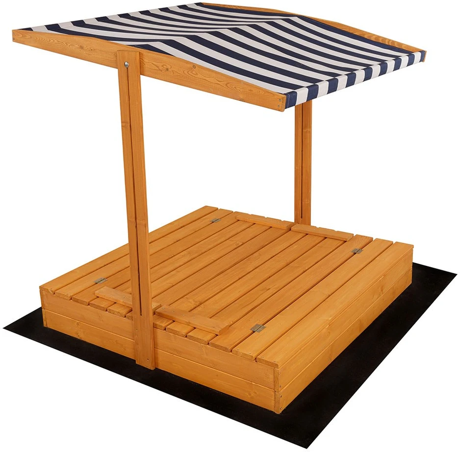 Vaikiška medinė uždaroma smėlio dėžė su suolais ir baldakimu Baby Mix 120x120 cm mėlynos ir baltos spalvų