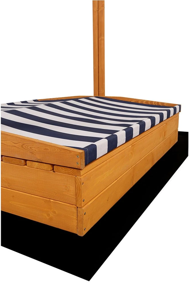 Vaikiška medinė uždaroma smėlio dėžė su suolais ir baldakimu Baby Mix 120x120 cm mėlynos ir baltos spalvų