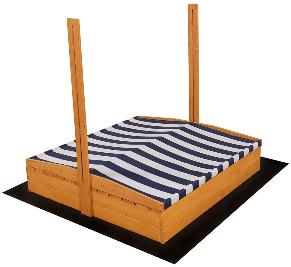 Vaikiška medinė uždaroma smėlio dėžė su suolais ir baldakimu Baby Mix 120x120 cm mėlynos ir baltos spalvų