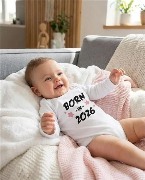 Vaikiškas margintas bodis New Baby BORN IN 2026 rožinis