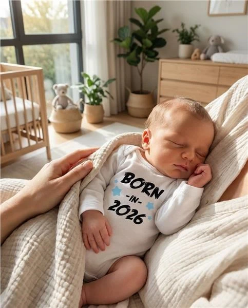Vaikiškas margintas bodis New Baby BORN IN 2026 mėlynas