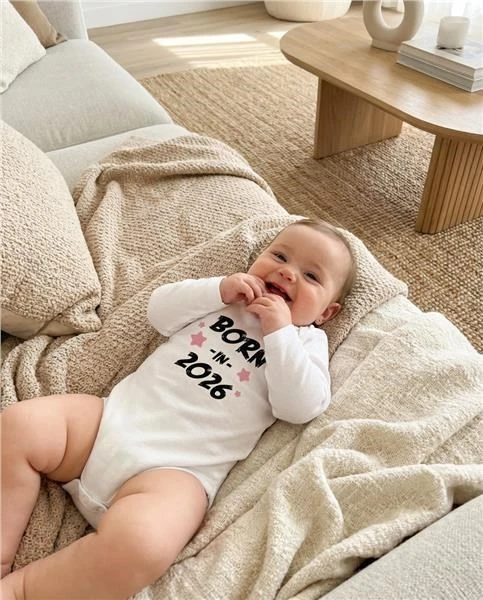 Vaikiškas margintas bodis New Baby BORN IN 2026 rožinis