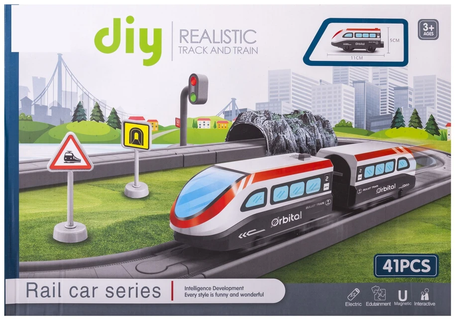 Vaikiškas traukinys su vagonėliu, rinkinys iš 41 elemento