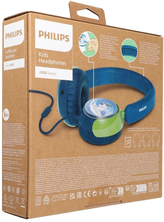 Laidinės vaikiškos ausinės Philips TAK2000CT/00, mėlynos ir žalios spalvos