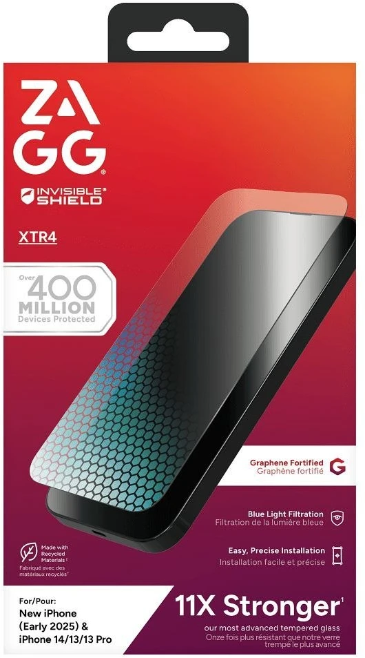 ZAGG grūdinto stiklo XTR4 apsauginis stikliukas su grafenu ir mėlynos šviesos filtru, skirtas IPHONE 13 / 14 / 15 / 16e