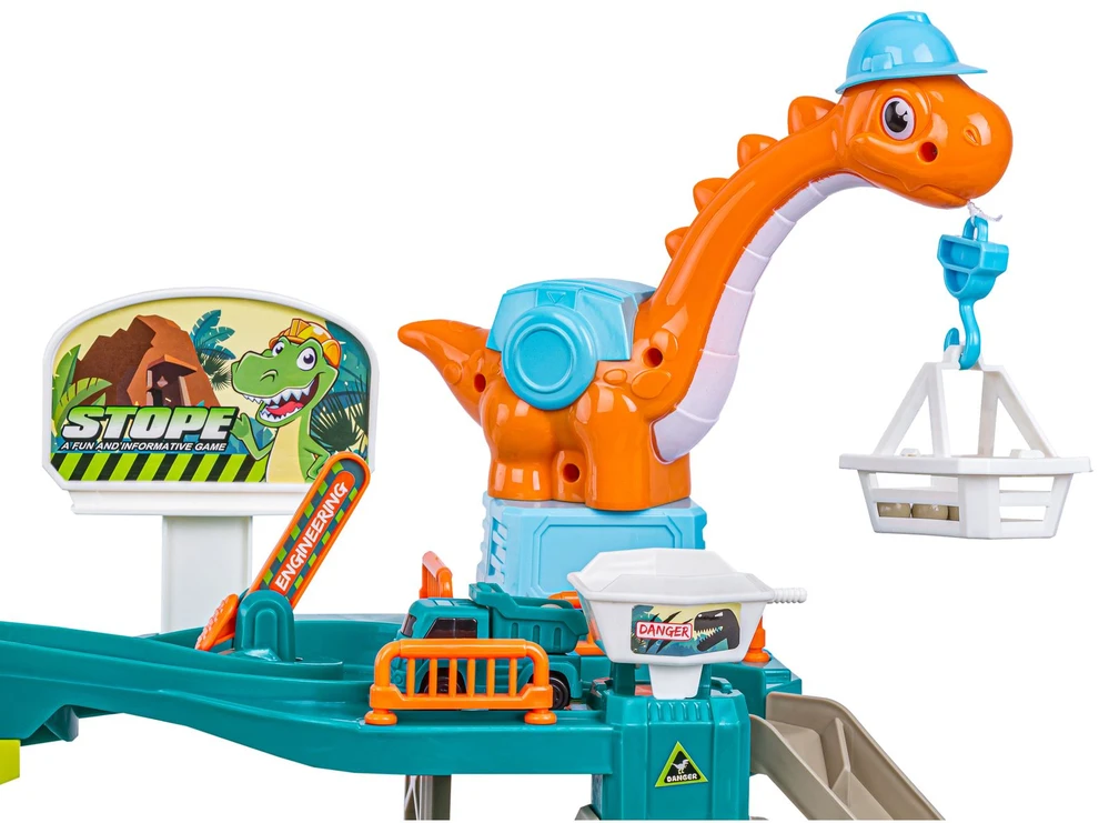 Žaislinė automobilių trasa su dinozaurų tema ir garažu