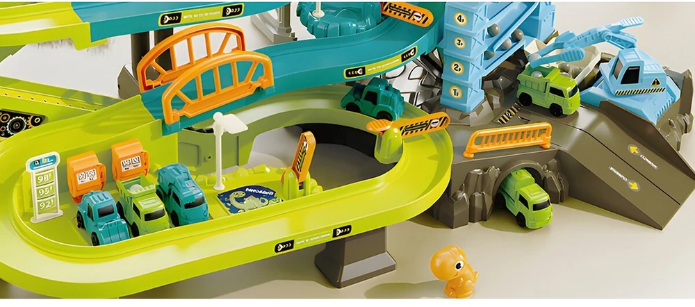 Žaislinė automobilių trasa su dinozaurų tema ir garažu