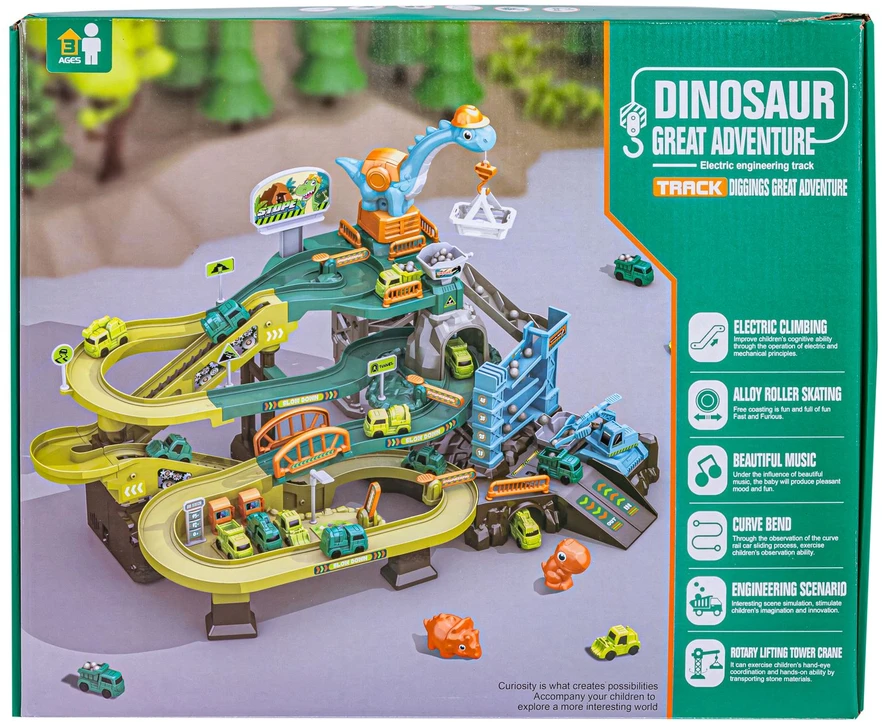 Žaislinė automobilių trasa su dinozaurų tema ir garažu