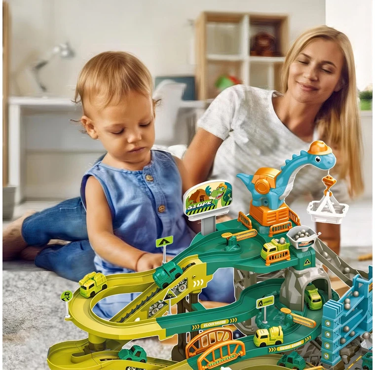Žaislinė automobilių trasa su dinozaurų tema ir garažu