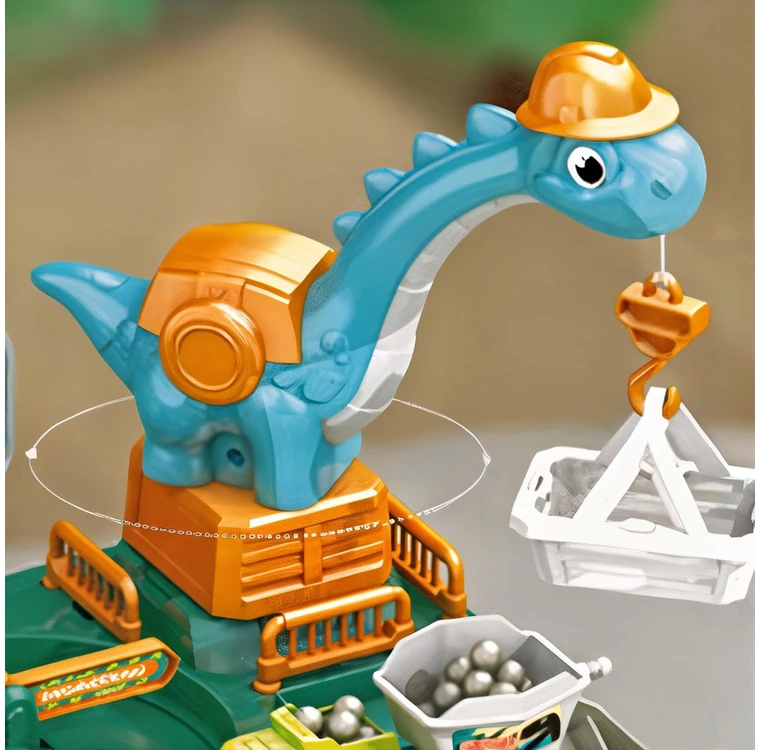 Žaislinė automobilių trasa su dinozaurų tema ir garažu