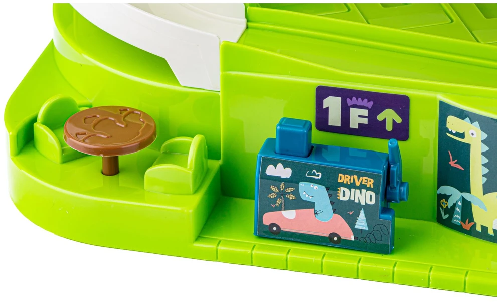 Žaislinė automobilių trasa su garažu ir liftu dinozaurų parke