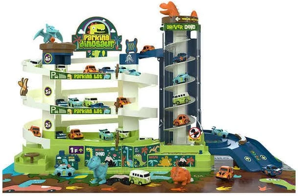 Žaislinė automobilių trasa su garažu ir liftu dinozaurų parke