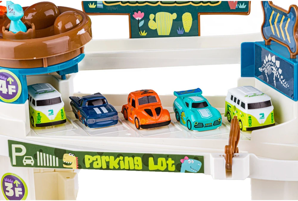 Žaislinė automobilių trasa su garažu ir liftu dinozaurų parke