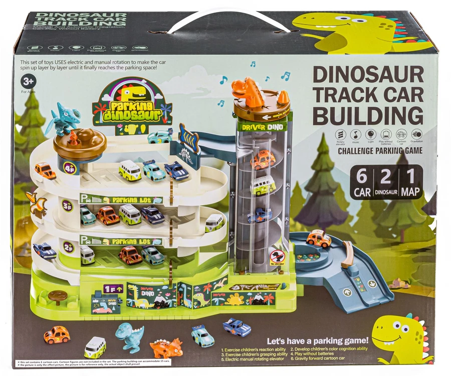Žaislinė automobilių trasa su garažu ir liftu dinozaurų parke