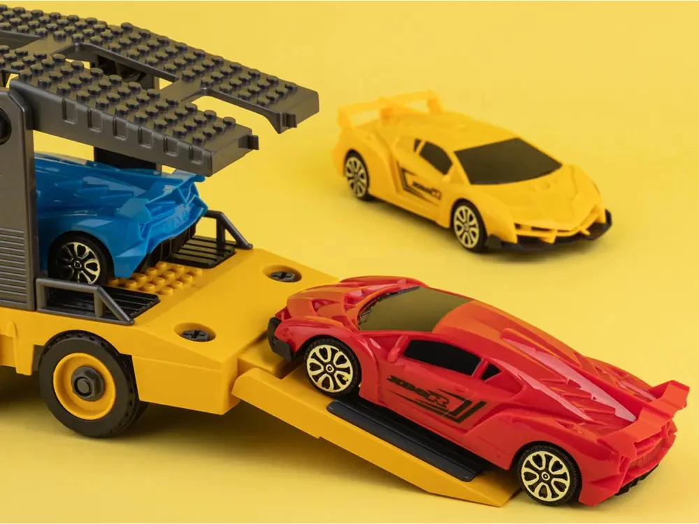 Žaislinė surenkama sunkvežimio priekaba su automobiliais