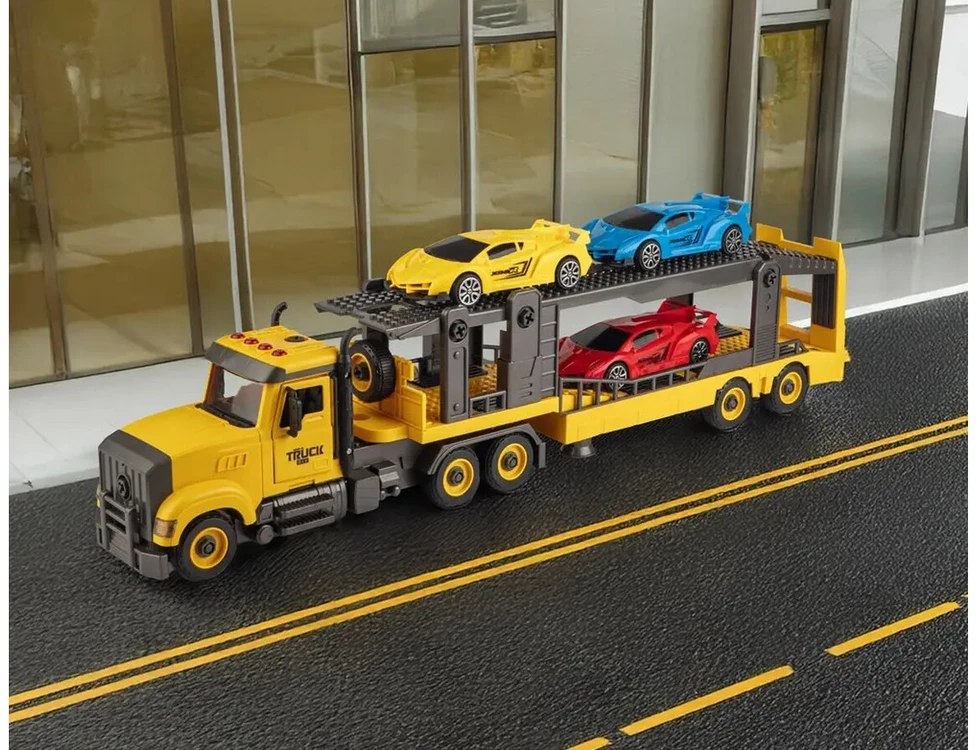 Žaislinė surenkama sunkvežimio priekaba su automobiliais