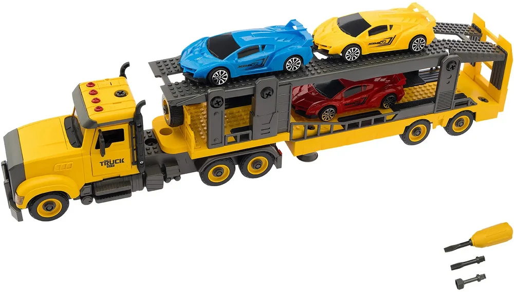 Žaislinė surenkama sunkvežimio priekaba su automobiliais