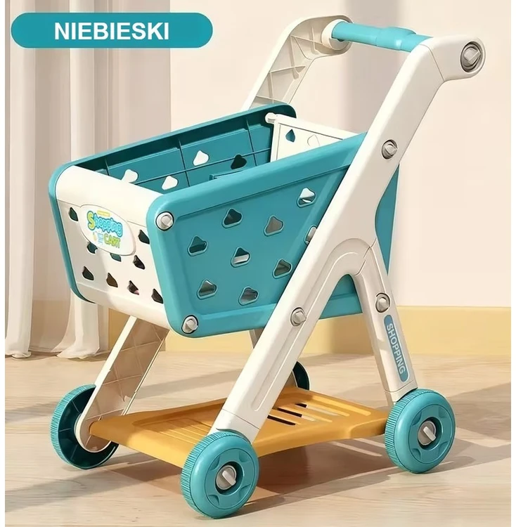 Žaislinis mėlynas prekybos vežimėlis su vaisiais ir daržovėmis