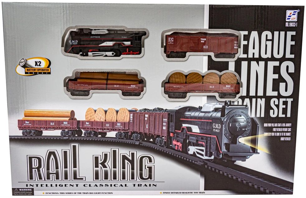 Žaislinis traukinys Rail King su garvežiu ir 3 vagonais