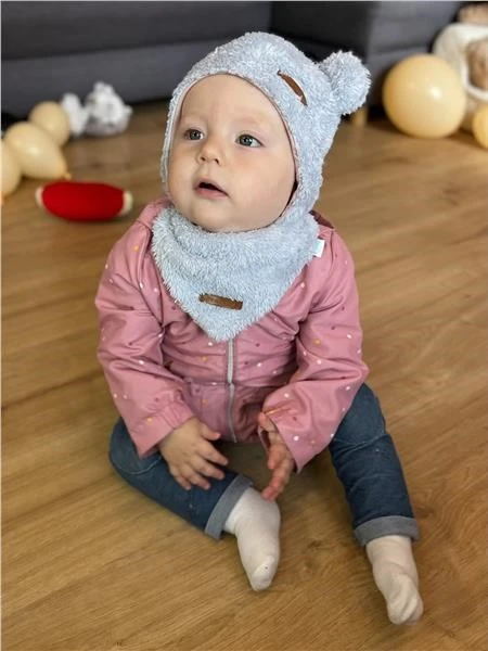 Žieminė kūdikio kepurė su kaklo skara New Baby Teddy Bear pilkai rožinė, dydis 74 (6-9 mėn.)