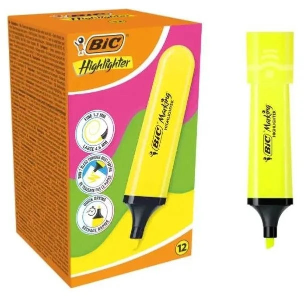 Žymeklis geltonas neoninis BIC 12 vnt