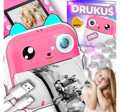 Drukarka spausdintuvas Mini katės terminis spausdintuvas, 11 ritinėlių nuotraukoms ir užrašams, nešiojamas vaikams