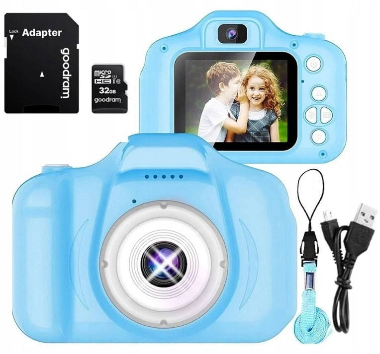 Retoo Skaitmeninis fotoaparatas vaikams HD žaidimų virvelė mėlynas kartonas mėlynas fotoaparatas e225-1